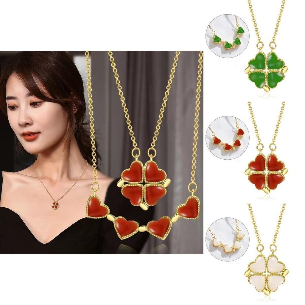 Captivating Titanium Steel Four Leaf Clover Heart Necklace Enhanced With Gold For A Dazzling Look