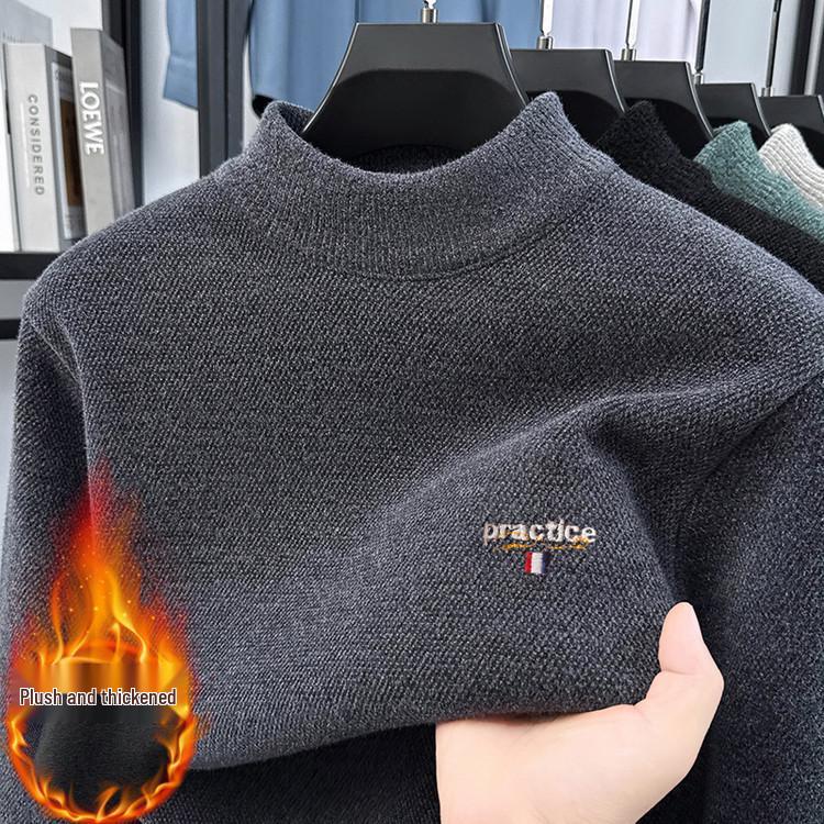 Men s Winter Snow Fleece Embroidered Sweater - Thickened Half-High Collar Knitwear XL