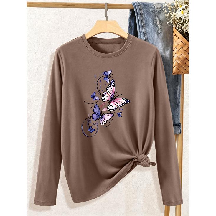 Women's elegant long sleeves Watercolor butterfly flocking art pattern printed round neck Comfortable, soft, and breathable new style Fashionable,