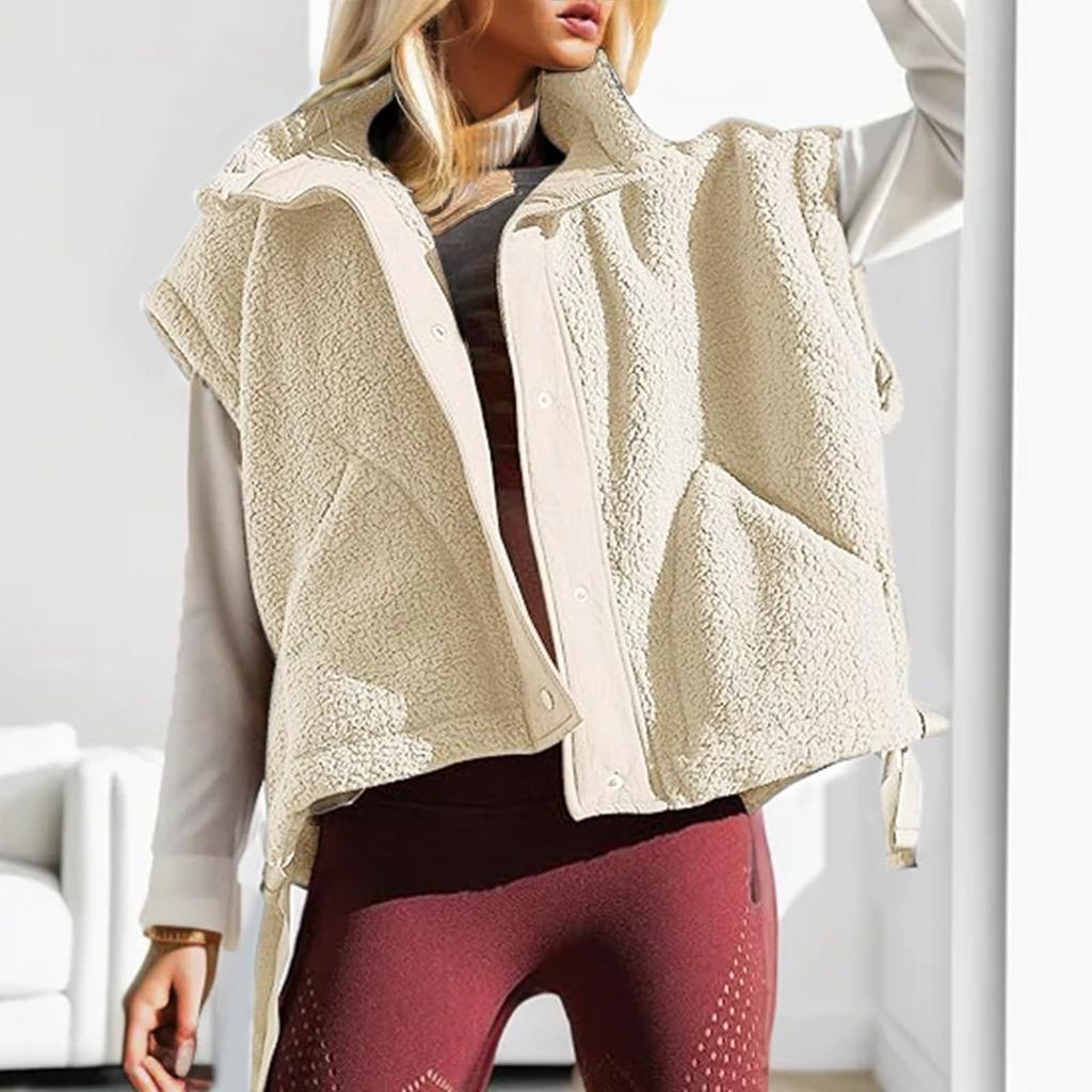 Damen Modische Fleeceweste Übergroße Ärmellose Shearlingjacke Warme Knopfleiste Weste Oberbekleidung