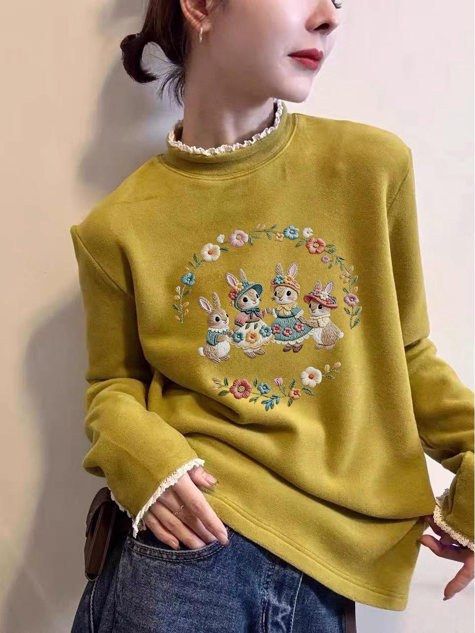 Women s 2025 Autumn/Winter Lace Collar Velvet Base Layer Long Sleeve T-Shirt XXL
