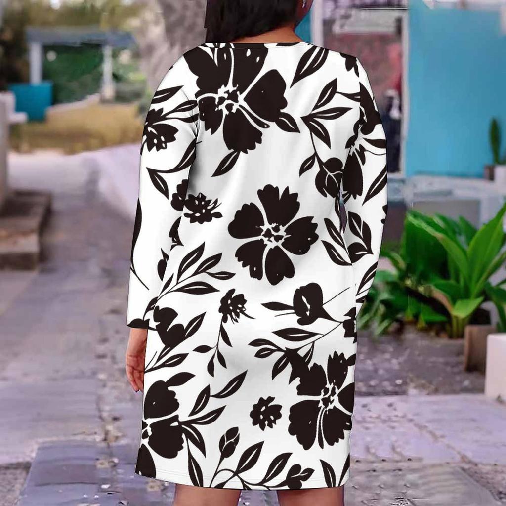 Women Plus Size V Neck Long Sleeve Floral Printed Red Pink Fitted Dress