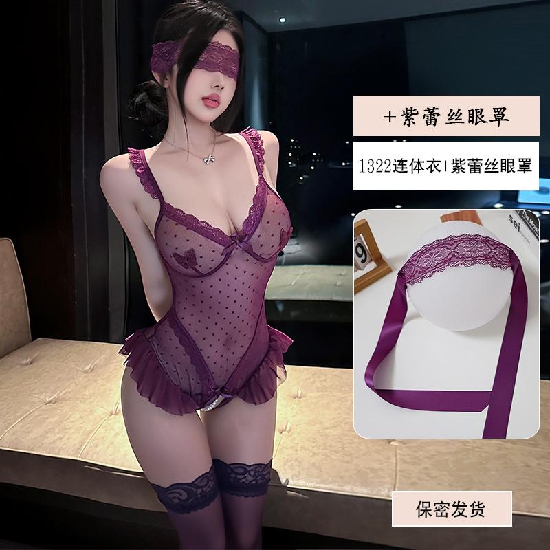 Yiyue erotic underwear sexy bead chain plus size onesie women's lace seduction uniform open crotch pure desire pajamas 1111