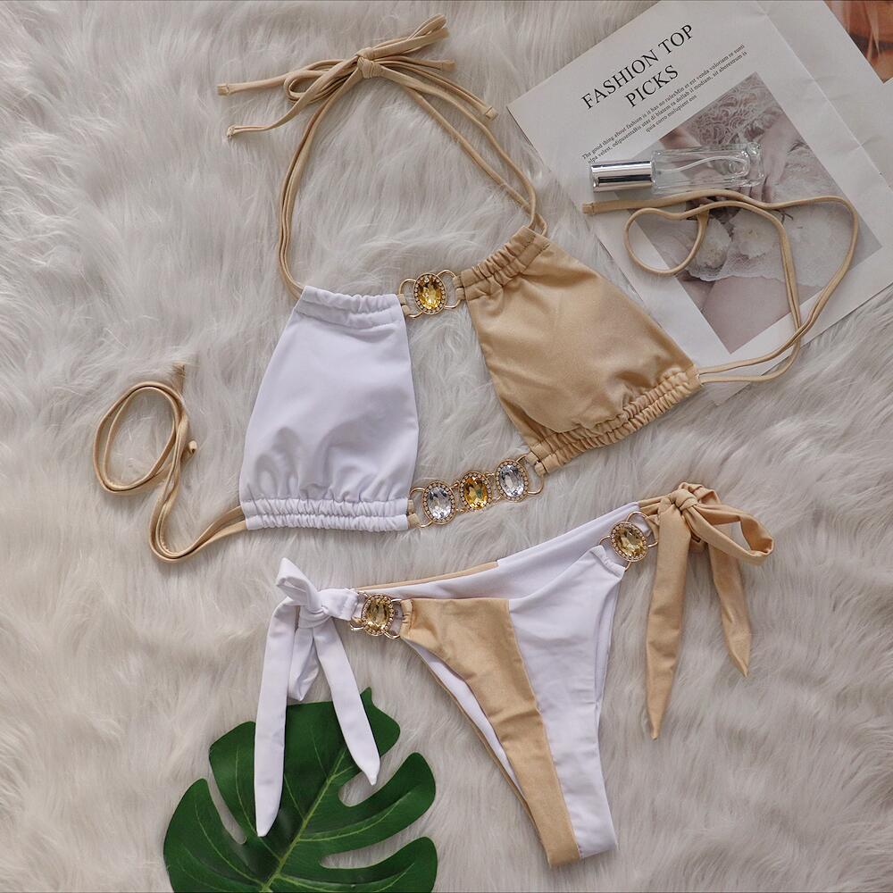 Baizi 2024 Crystal Diamond Strapped Bikini - European & American Sexy Patchwork Two-Piece Swimsuit