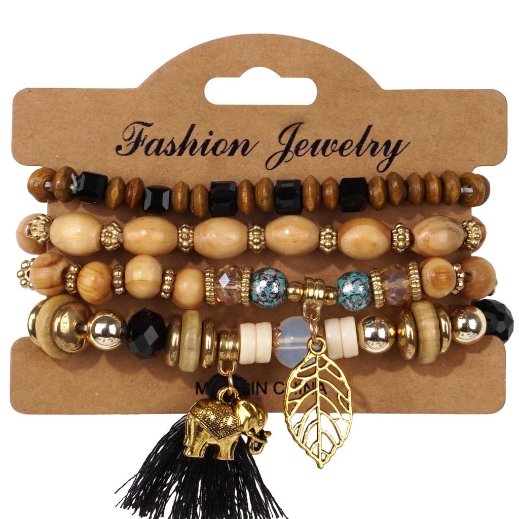 4pcs/set Boho Wooden Beaded Bracelet For Women Leaf Tassels Chain Bangle Bohemia Jewelry Accessory