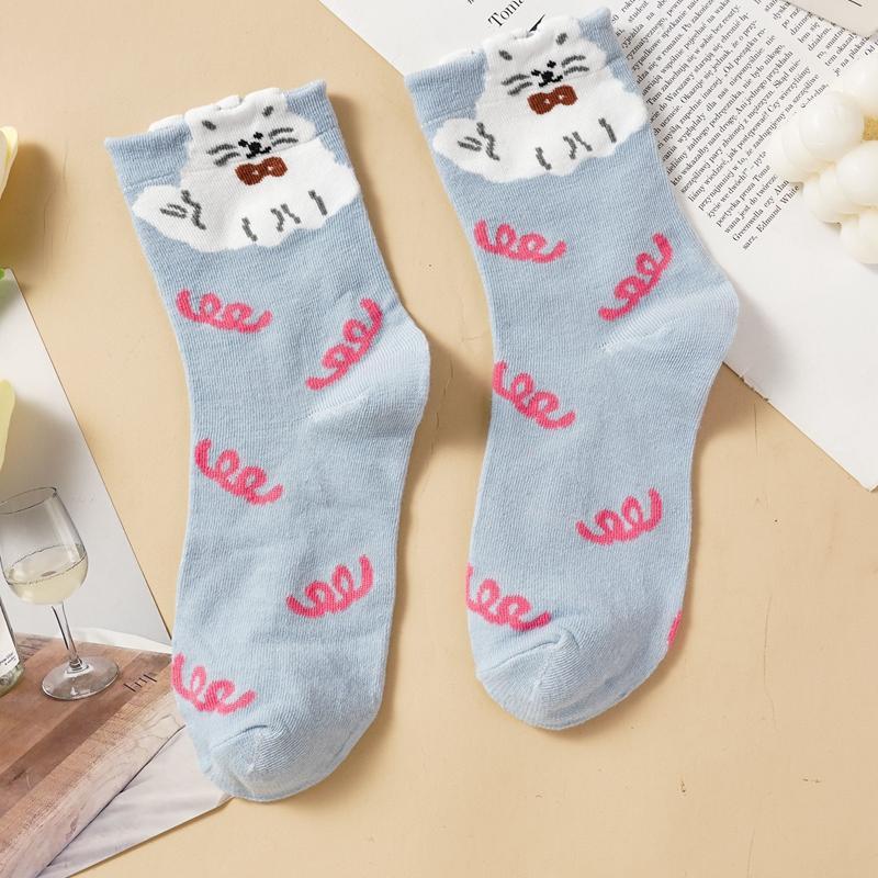 1/5 Pairs Women's Cute Cartoon Mid Calf Socks Pure Sotton Skin-friendly Breathable Mid-tube Socks Suitable for All Seasons