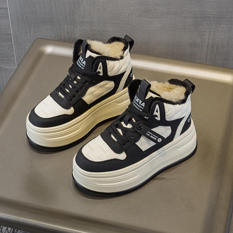 Heightened Thick-soled Fashionable Versatile Autumn and Winter New Single Shoes Rabbit Hair Trend Cotton Warm Women's Shoes Student High-top Shoes