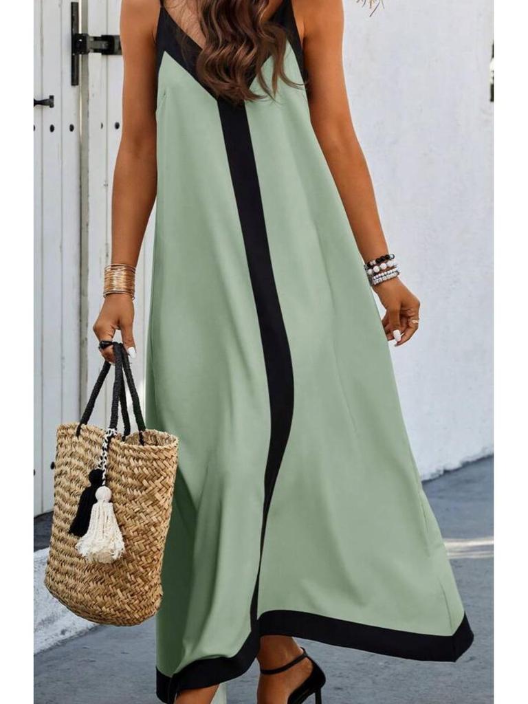 2026 Women's Vacation A-Line Dress with Adjustable Straps and Color Block Design