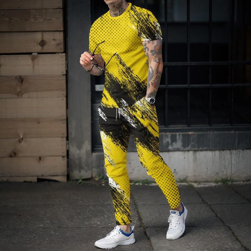 New Men's long pants sportswear 2-piece set 3D gradient short sleeved T-shirt+long pants cycling fitness jogging casual street wear