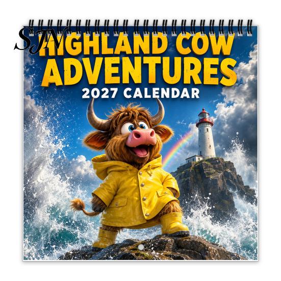 Functional Note Taking Planner 2027 Highland Cow Wall Calendar, 12-Month Adventure Themed with Spiral Yearly Goal Setting Journal Binding, Thick Paper
