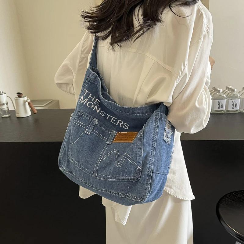 Solid Color Denim Zipper Multifunctional Women's Shoulder Bags  Hot Sale  Trendy  Customized Crossbody Bag