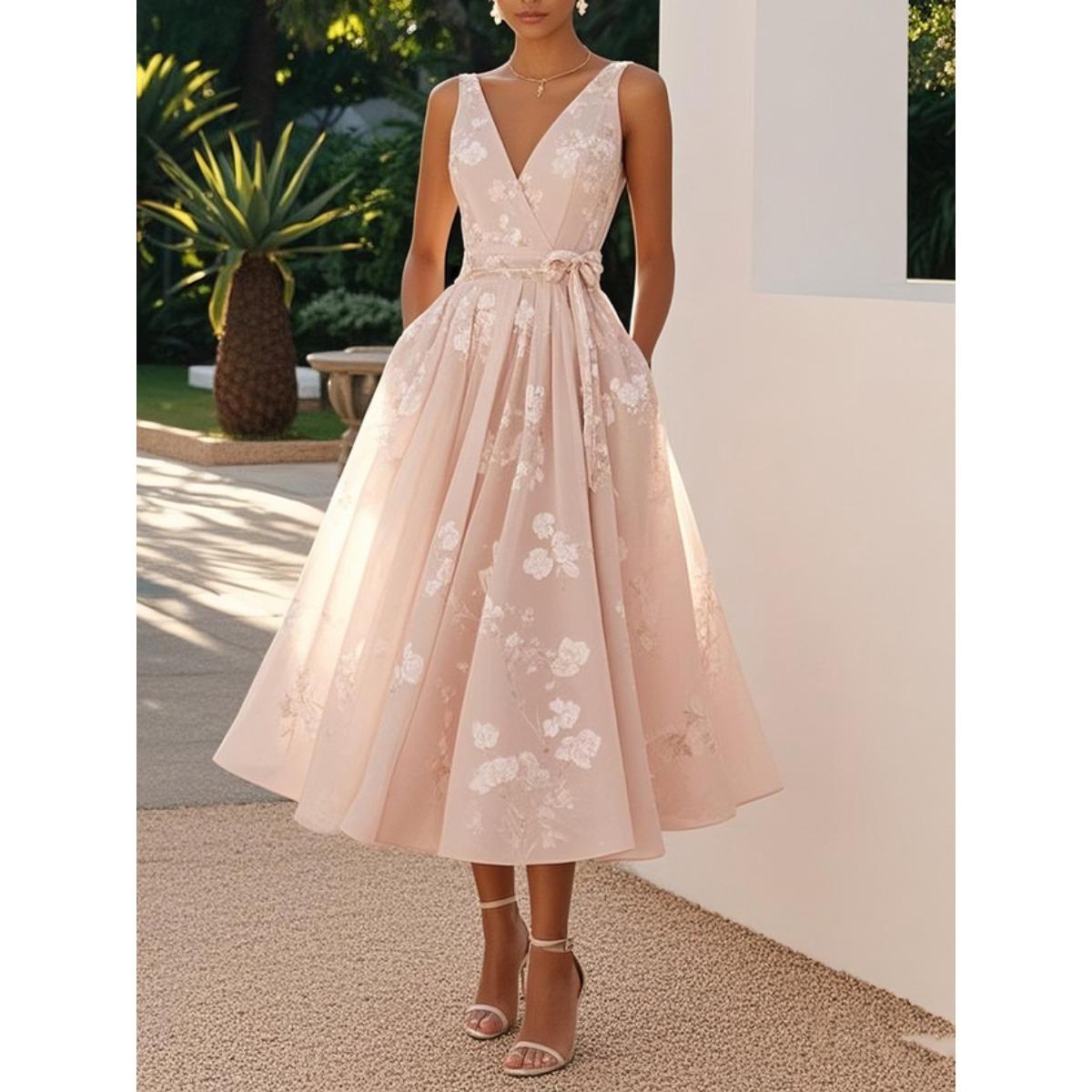Women s V Neck Sleeveless Floral Print A Line High Waist Elegant Party Midi Dress S светло-розовый