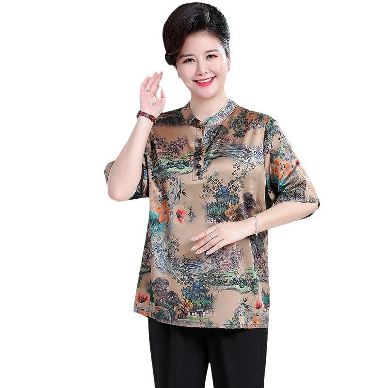 7XL Plus Size Summer Xiangyunsha Set for Middle-Aged & Elderly: Loose Mid-Sleeve T-Shirt Two-Piece for Tummy-Hiding Comfort.