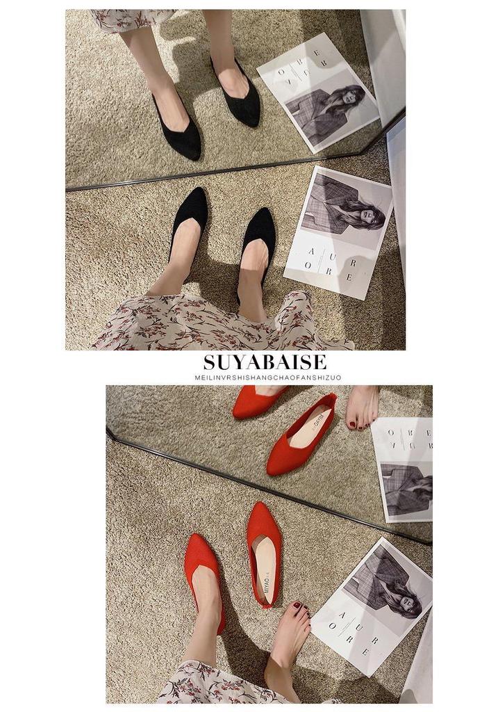 Solid Color Pointed Toe Women's Slip-On Flats - Breathable, Low Heel, Casual Knit Design