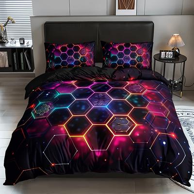 3-Piece Duvet Cover Set Breathable All-Season Honeycomb Hexagon Machine Washable High Definition Digital Print Bedding Set