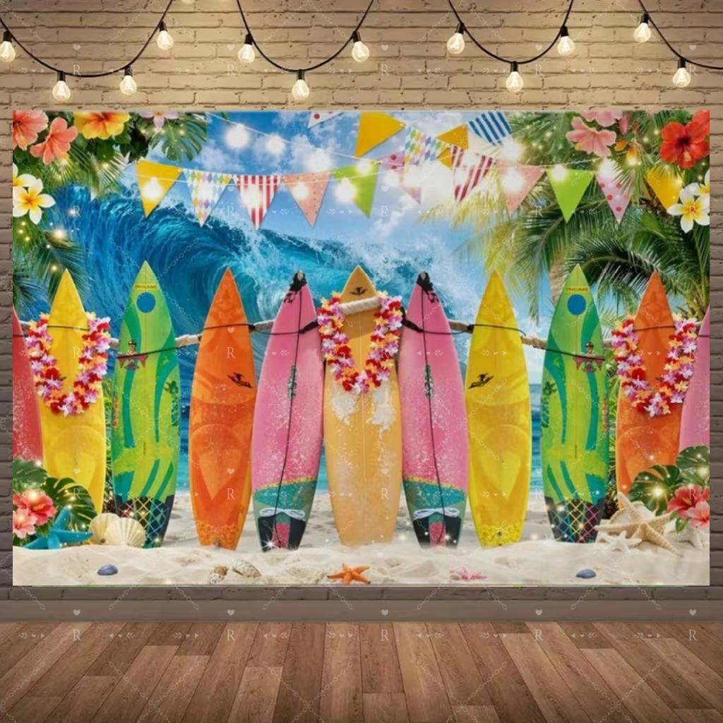 Summer Beach Holiday Party Decoration Backdrop Sunshine Flamingo Ocean Surfboard Portrait Photography Background Props Banner