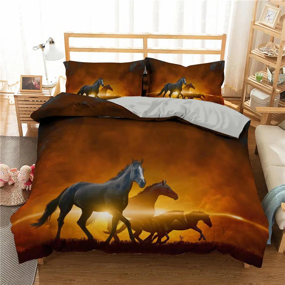 Kirschblüten Pferd Bettdeckenbezug Bettwäschesets für King 3D-Druck Graslandtiere Bettbezug-Set Hohe Qualität Mikrofaser