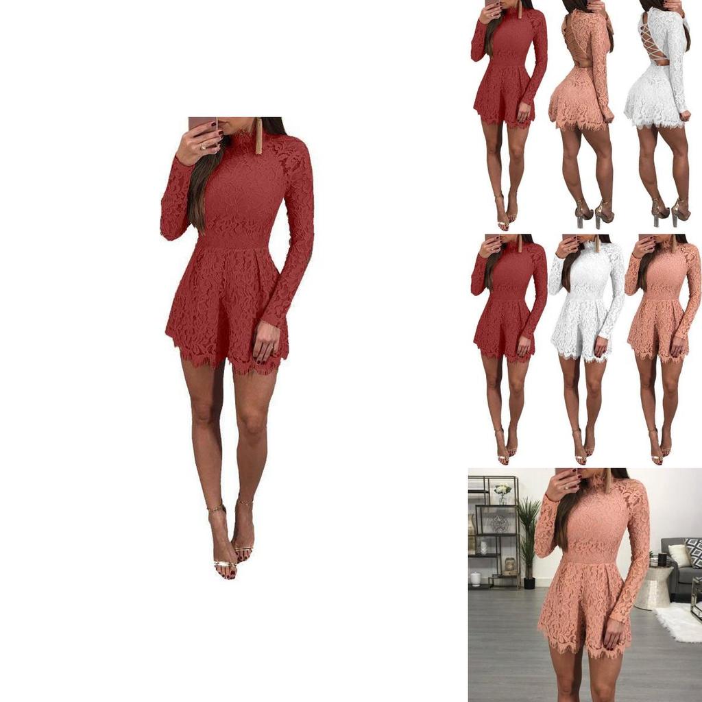 Elegant Womens Fashion Casual Romper Dress Lace Long Sleeve Sexy Short Jumpsuit