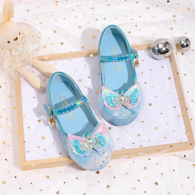 

New children s princess shoes, girls leather shoes, fashionable Korean-style high-heeled colorful sequin girls high-heeled leather shoes 34 синій