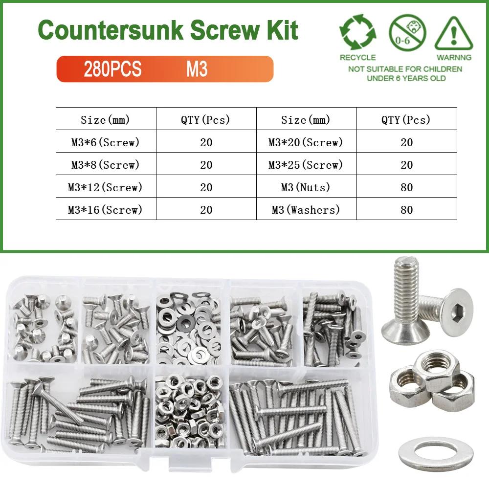 M2 M3 M4 M5 M6 304 Stainless Steel Screw Bolt Nut Washer Kit Countersunk Machine Screws Gasket Hex Allen Nuts Set Assortment