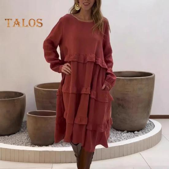 Damen Langarm-Midikleid mit lockerem Rüschen-Stufenkleid, lässiger O-Ausschnitt, Frühlings-Pulloverkleid für Urlaub, Strand