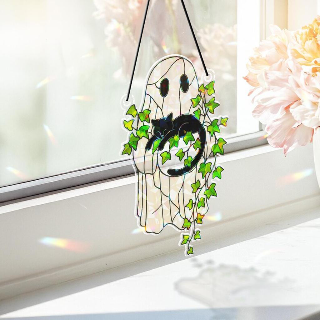 Cute Halloween Ghost Hanging Decor Window Ornament Acrylic Suncatcher with Black Cat & Green Leaf Wall Pendant for Home & Party
