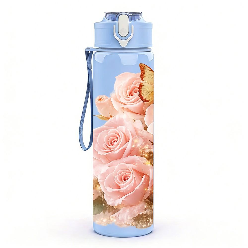 1PC Soft Pink Rose Bouquet Print 750ml Color Plastic Sports Water Bottle Leakproof Flip Straw Lid Suitable for Sports Office Home Use