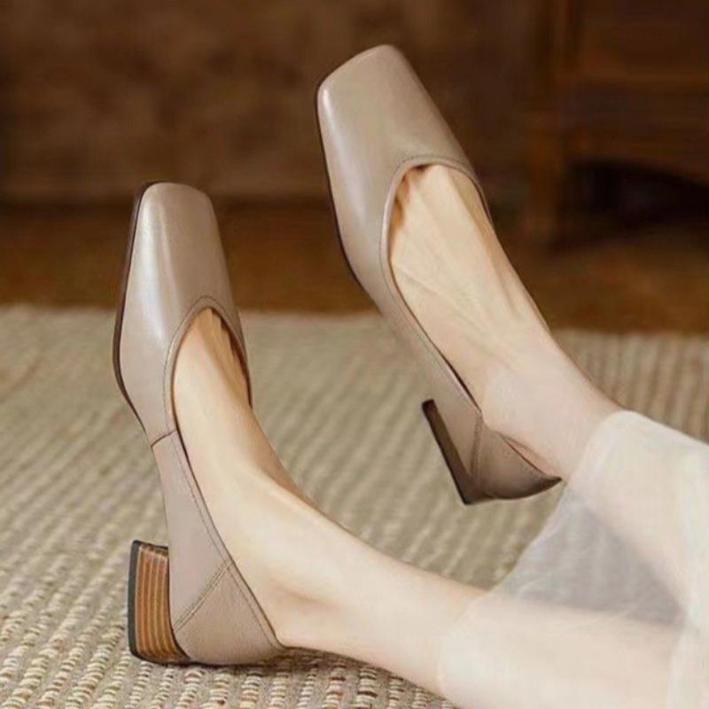 Fashion Spring New Thick Heel Low Top Shoes Women's Fashion Square Head Shallow Mouth Soft Sole Non-slip Single Shoes