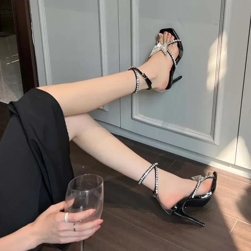 Rhinestone Butterfly-knot Square Head Stiletto Sandals Women Peep Toe Crystal Narrow Band Ankle Strap High Heel Banquet Shoes