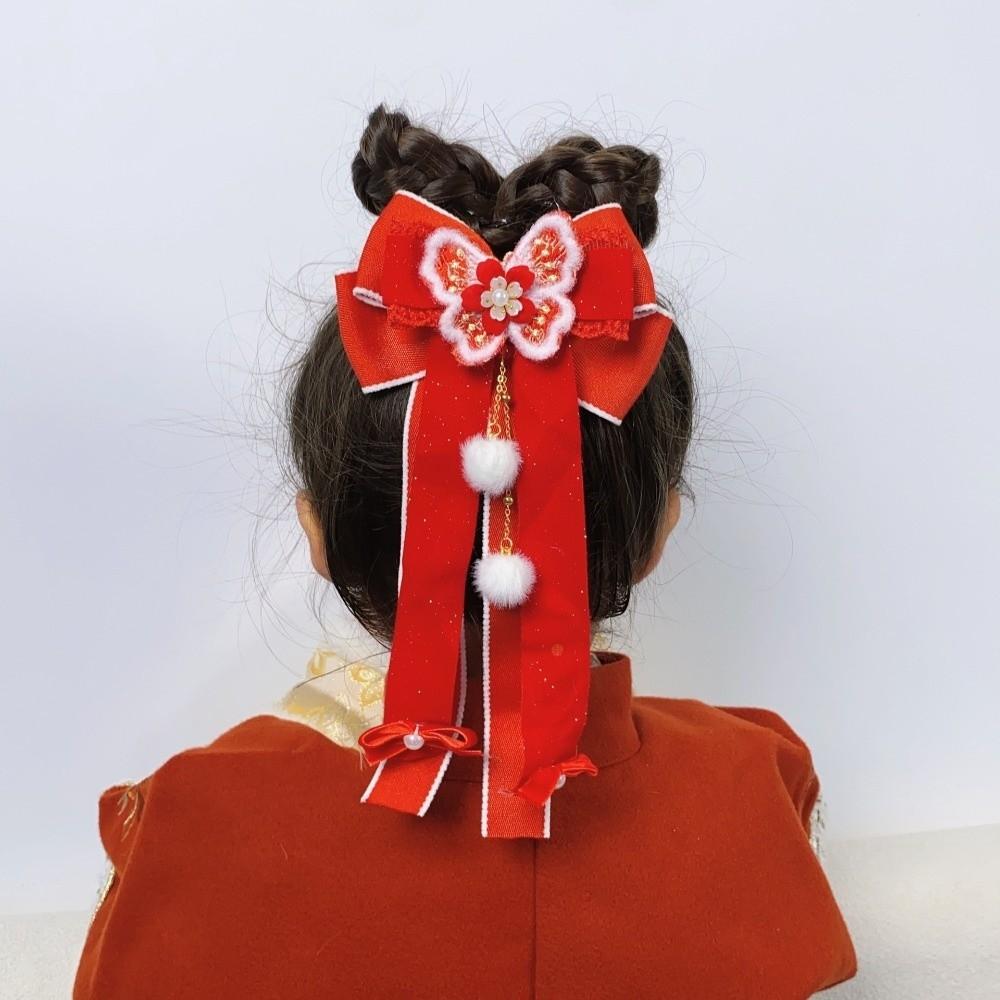 Sweet Red Bow Ribbon Hair Clip Ribbon Tassel New Year Hairpin Chienes Style Princess Hanfu Hair Ornamen Home