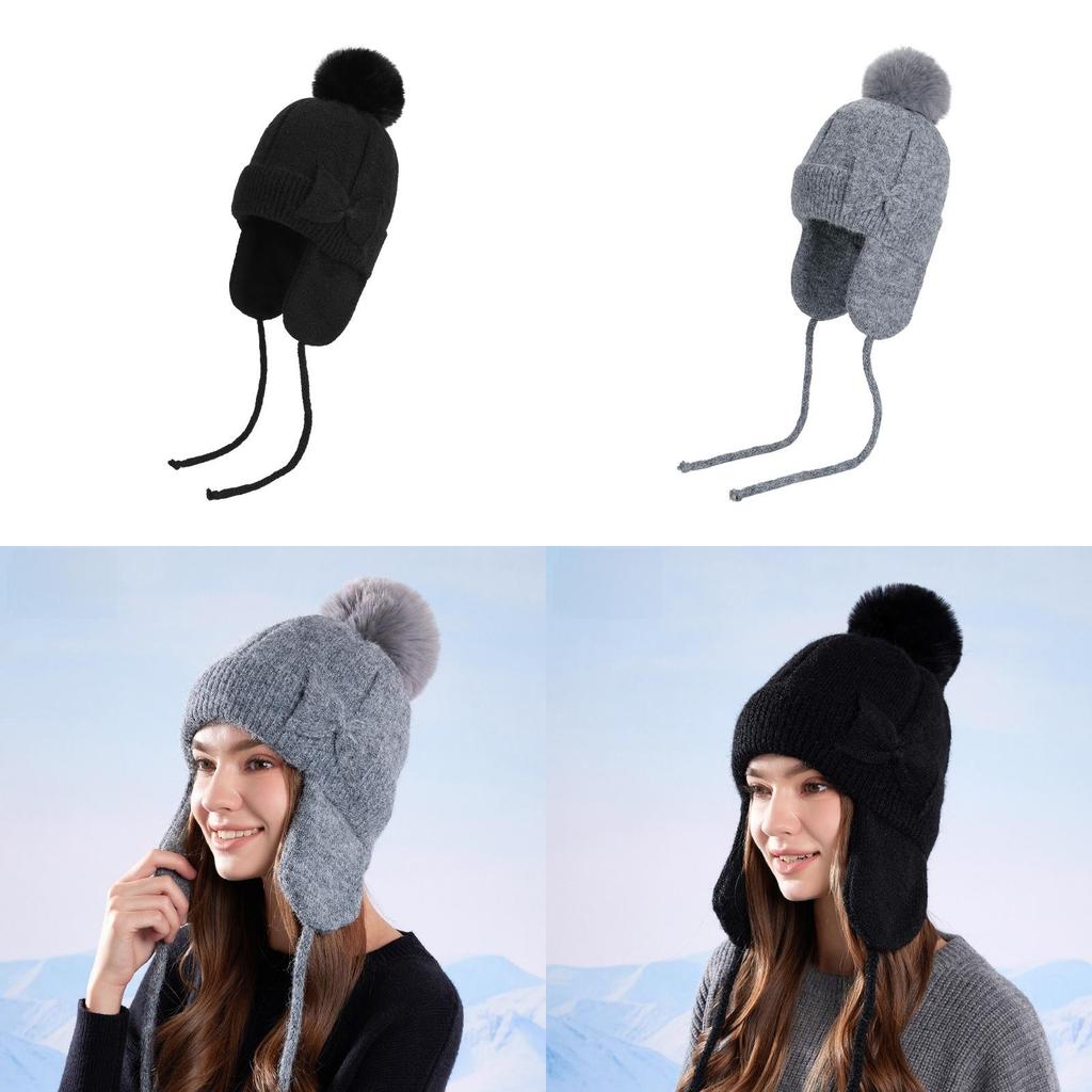 Women Knitted Warm Winter Hat With Bow For Outdoor Sports And Commuting
