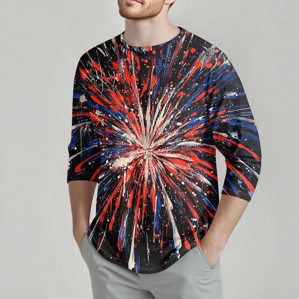 Herrenmode Lässiges T-Shirt mit Unabhängigkeitstag-Print am Hals und sieben Ärmeln