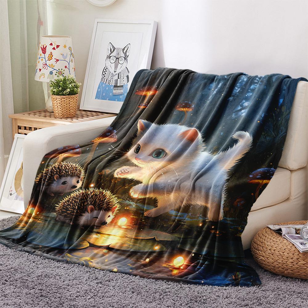 Weiße Katzen-Print Flanelldecke, Hohe Qualität, Bequem für alle Jahreszeiten, Heimdekoration, Wärme und Komfort, Perfekt für Weihnachtsgeschenke