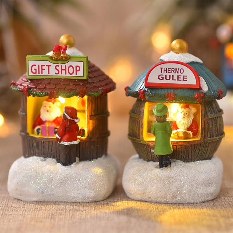 Christmas LED Houses Claus  Pine Needles Snow Christmas Snowman Glowing Ornaments Resin Santa View Holiday Gift Toys for Kids