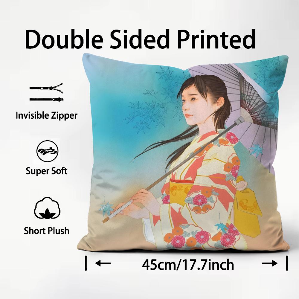 Kimono Girl Japanese Style Cushion Cover Plush Fabric Soft DoubleSided Printed Sofa Warm Winter Home Child Gift Pillow Case