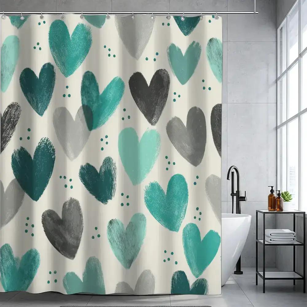 

Blue-Green Heart-Patterned Shower Curtain, Polyester Fabric, Machine Washable, With Hooks, Suitable For Bathroom Dcor. W60H190(CM)-1 Pcs
