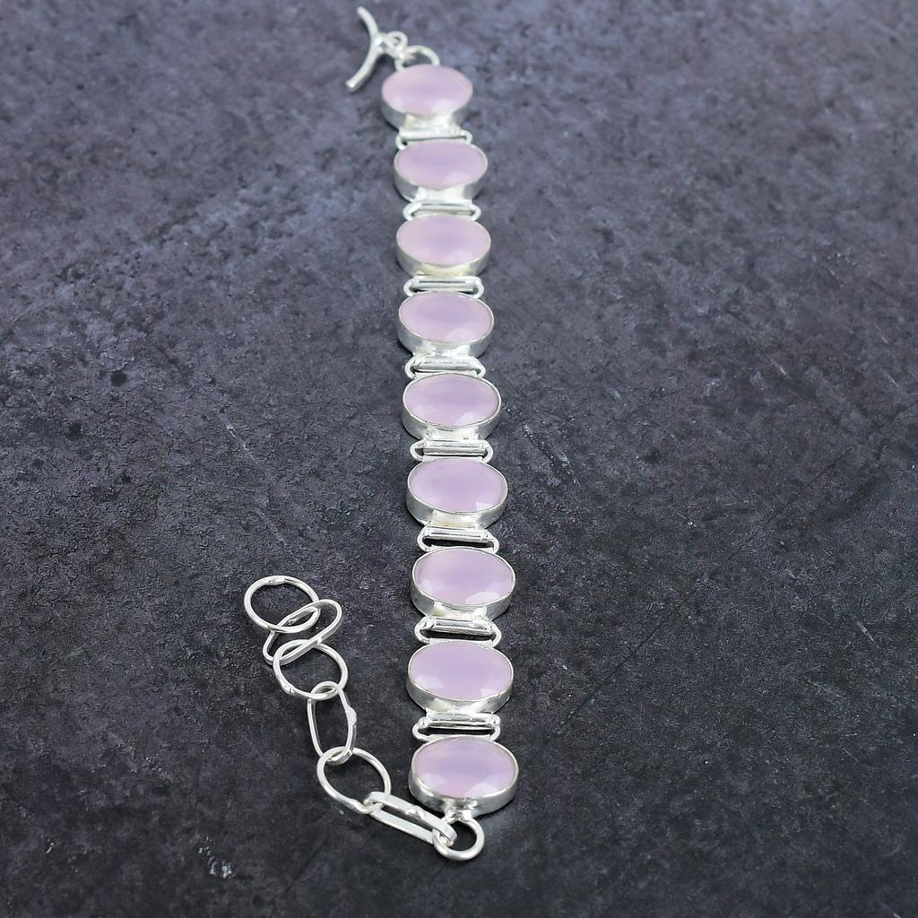 Ručně vyrobený náramek z přírodního růžového chalcedonu, stříbro 925, 7-8" N4N55