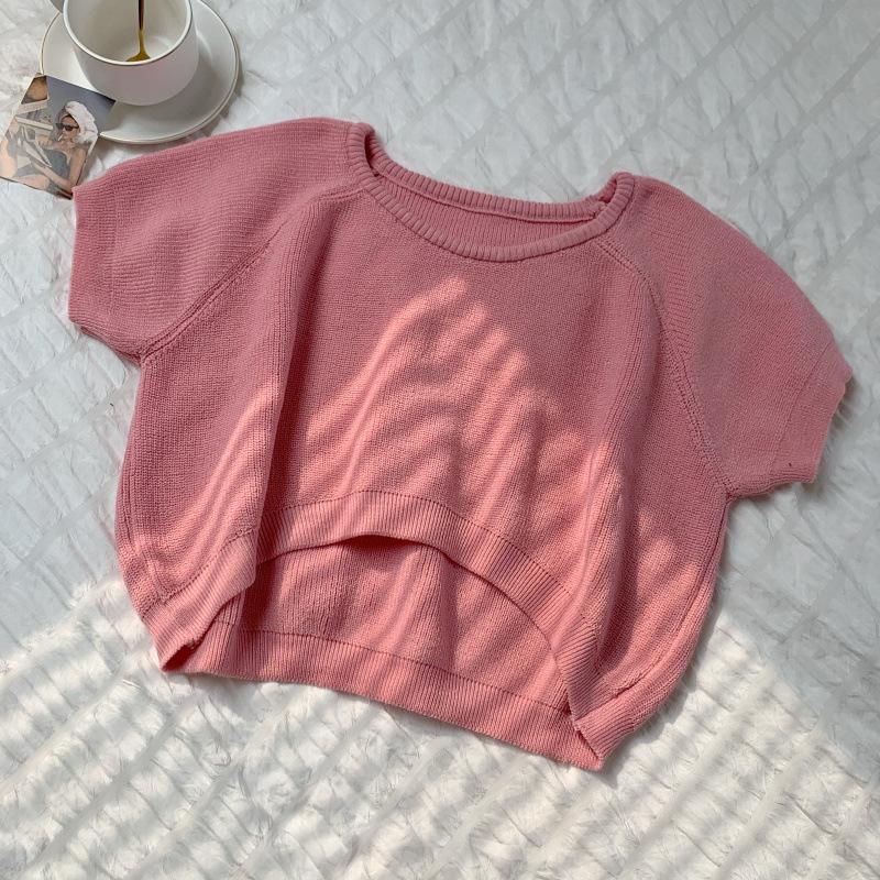 Lockeres Rundhals Kurzteil Nabel Strickshirt Damen Sommer Slim Dünnes Teil Kurzarm T-Shirt Tops Lässig Essentiell Slim Fit Pullover T-Shirts