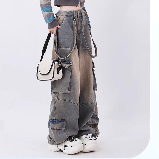 Women Blue Oversize Cargo Jeans Harajuku Vintage Baggy Y2k Denim Trouser Aesthetic Wide Jean Pants Trashy Clothes