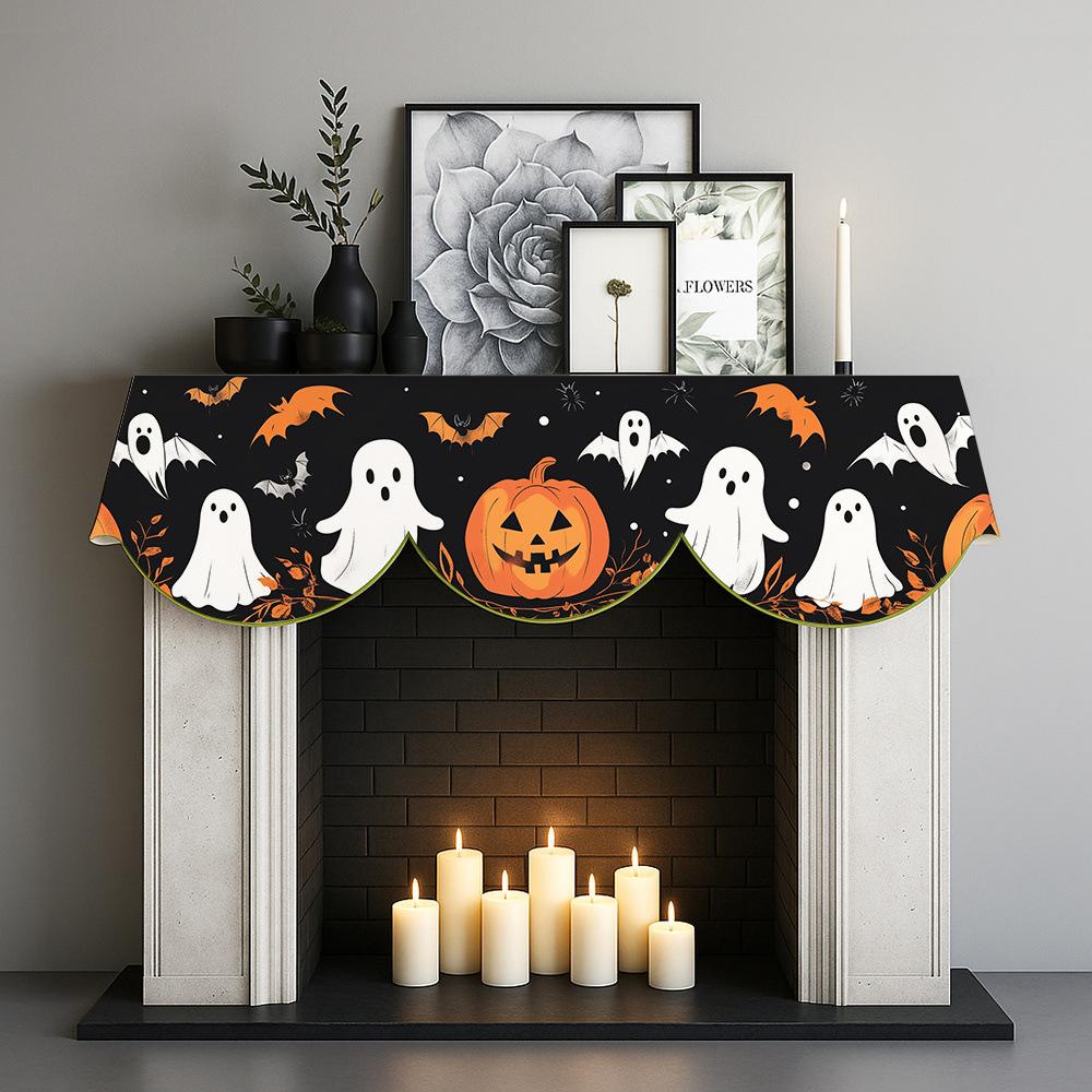 

Halloween Black and Orange Polyester Fireplace Scarf with Pumpkin Lantern, Bat, and Spider Web Print | Halloween Decorations