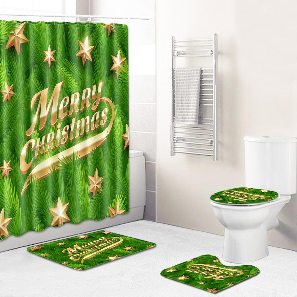 Christmas Bathroom Non-Slip Doormat Bathroom Waterproof Shower Curtain Toilet Floor Mat Four-Piece Shower Room Absorbent Carpet