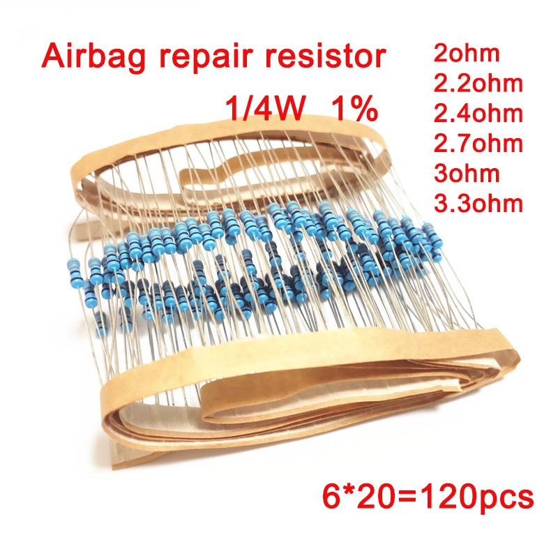 

1/4W 1% metal film resistance Car Airbag repair resistor 2ohm 2.2ohm 2.4ohm 2.7ohm 3ohm 3.3ohm 6 types of Electronics kit 3.3ohm