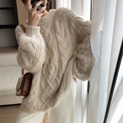 Autumn Winter Thick Line Knitted Pullover Women's Loose Lazy Wind Round Neck Thickened Twist Sweater Warm Comfortable Versatile Outerwear