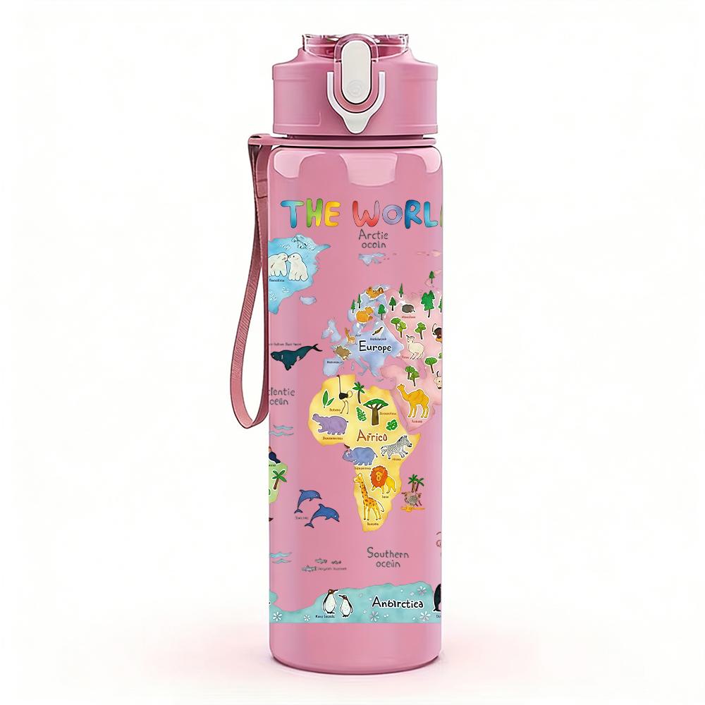 1PC Multicolor Vintage World Map Layout 750ml Color Plastic Water Bottle Leakproof Flip Straw Lid For Sports Office Home Use