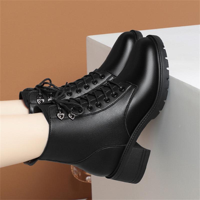 Autumn Winter Women's Boots New Lace Up Boots for Womens Fashion Thick Heel Side Zipper Ankle Boots Warm Female Motorcycle Shoes