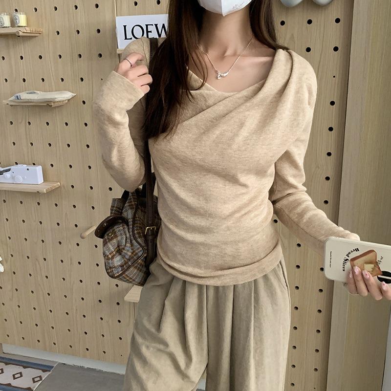 French Swing Collar Long Sleeve Bottoming Sweater Women's Autumn Side Pleated Waist Diagonal Shoulder Sweet Spicy Inner Top