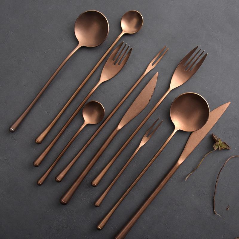 Japanese Style Old Western Tableware, Retro Steak Knife, Fork Spoon, Stirring Coffee Spoon, Rose Gold, 304 Stainless Steel