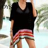 Beachwear Dress Women Bikini Cover Up V-Neck Drop-shoulder Sleeves Hollow Side Split Color Block Crochet Swimsuit Cover-ups