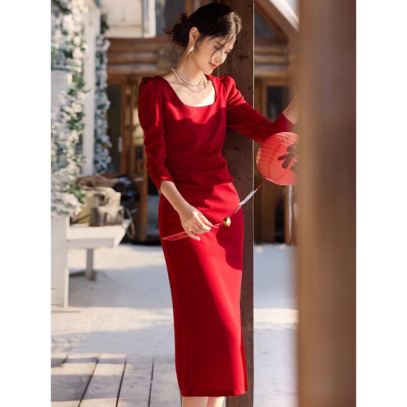 XWI Elegant French Style Square Neck Red Dress