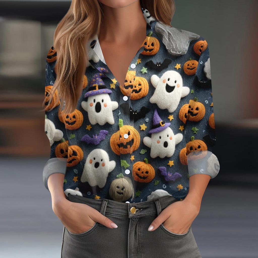 Damen Hemd Bluse Halloween Print Knopf Langarm Lässig Basic Hemdkragen Regulär Top